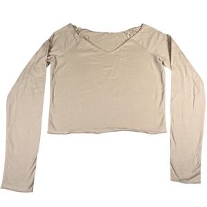 Wild Fable Womens Medium Taupe Long Sleeve Crop Top V Neck Stretch NWT